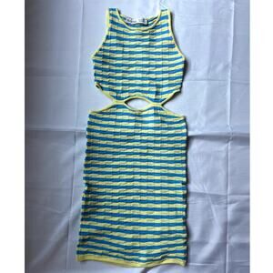 Bershka Yellow and Blue Striped Mini Dress With Cut Out Sides Size Small